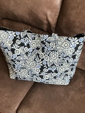 Vera Bradley Black Floral Tote with White and Blue Details